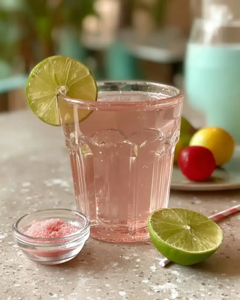 Pink salt hydration drink in a clear glass with lime and a small bowl of pink salt.