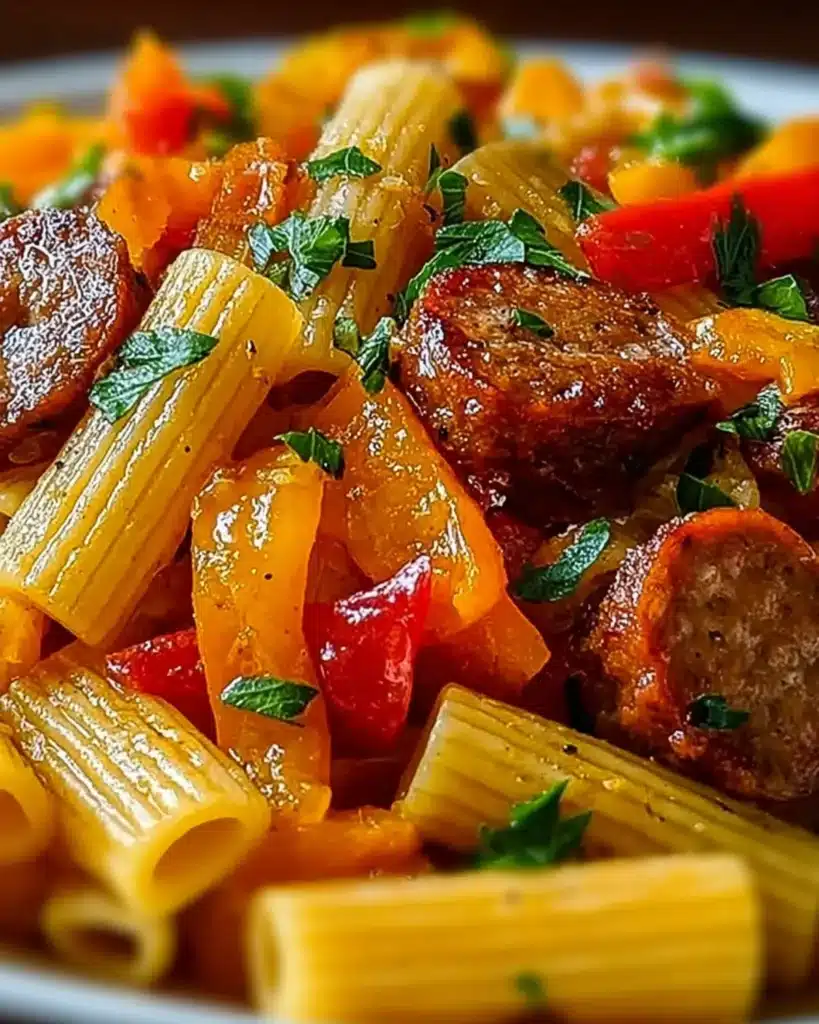 Rigatoni Sweet Pepper Sausage Pasta with golden sausage slices and red peppers