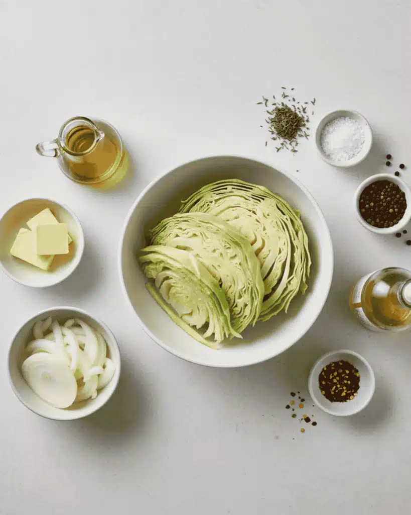 Fresh cabbage wedges, sliced onions, butter, oil, vinegar, salt, pepper, dried herbs, and red pepper flakes arranged on a light surface for a roasted cabbage recipe.