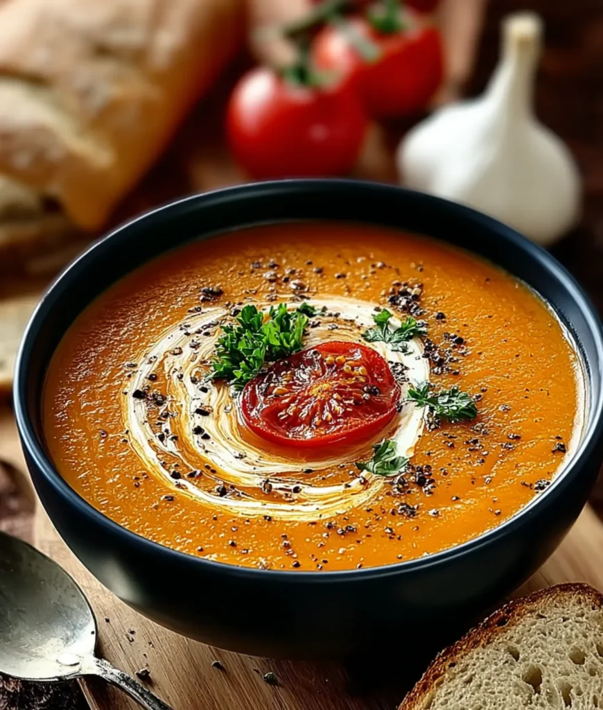 Roasted garlic tomato soup in dark bowl with cream swirl and bread slices on wooden board