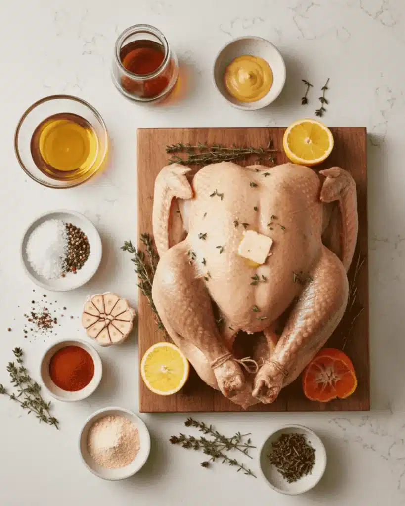 Whole raw chicken on a wooden board surrounded by citrus, garlic, herbs, spices, butter, and oils for making a roasted whole chicken.