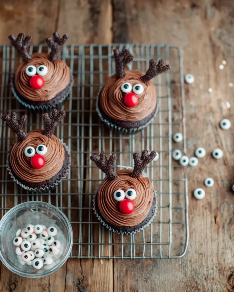 Easy Reindeer Cupcakes with candy eyes and chocolate antlers displayed on a wire rack over rustic wood.