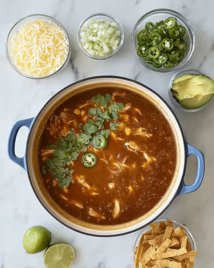 Cooking onions, jalapeños, and aromatic spices in a white enamel pot to build the base flavor for Chicken Tortilla Soup.