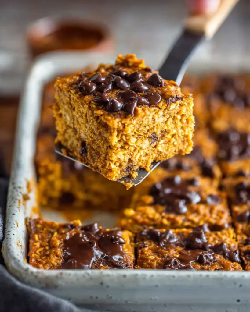Slice of pumpkin baked oatmeal lifted from the baking dish with melted chocolate chips