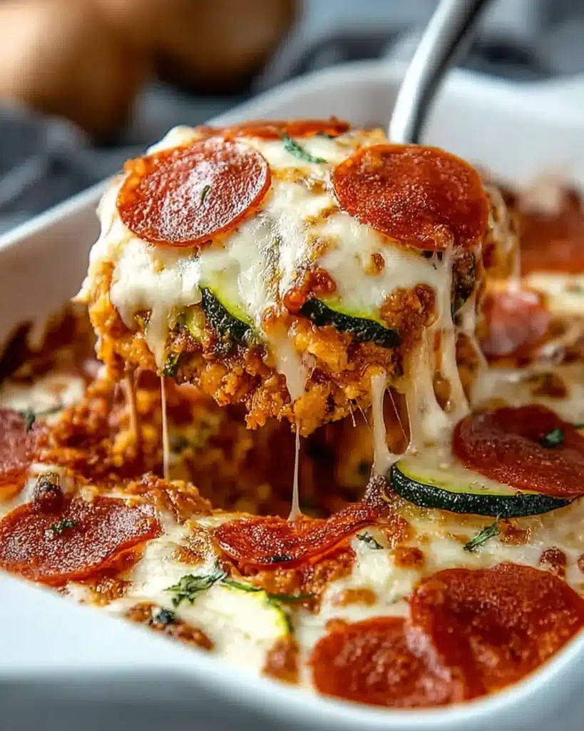 A slice of zucchini pizza casserole lifted from the baking dish showing melted cheese stretch Title: Serving Zucchini Pizza Casserole