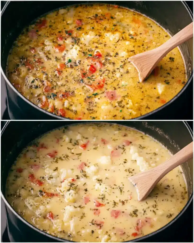 Cauliflower soup simmering in a pot with cream, herbs, and colorful vegetables