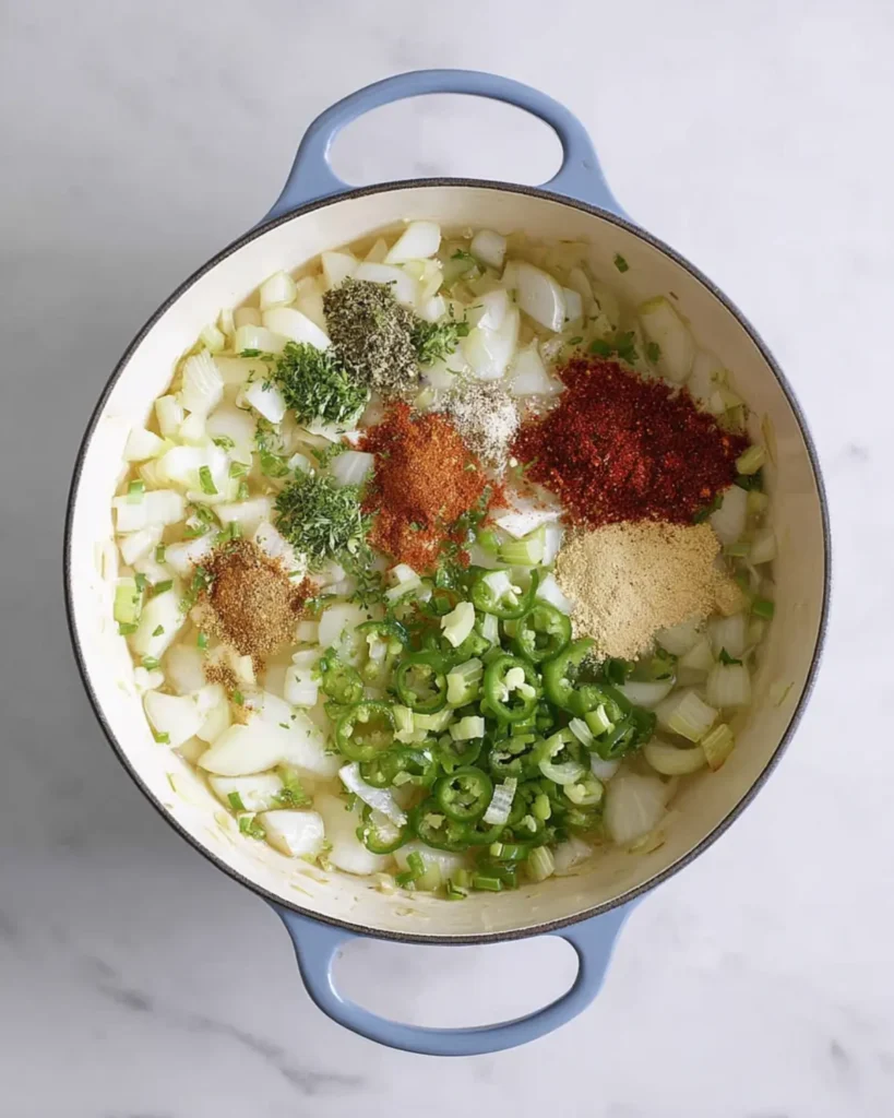 A Dutch oven filled with simmering Chicken Tortilla Soup surrounded by small bowls of toppings like cheese, avocado, lime, and cilantro.