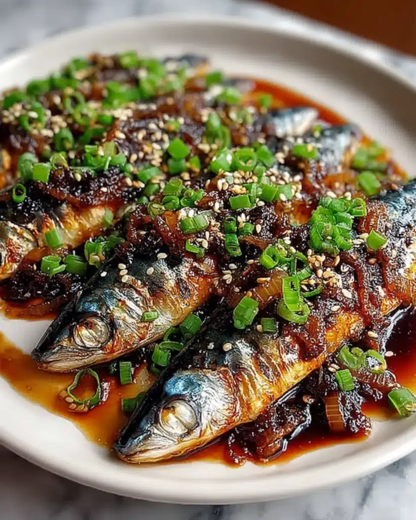 Korean-style Smoky Mackerel Bulgogi grilled with caramelized onions and sesame seeds