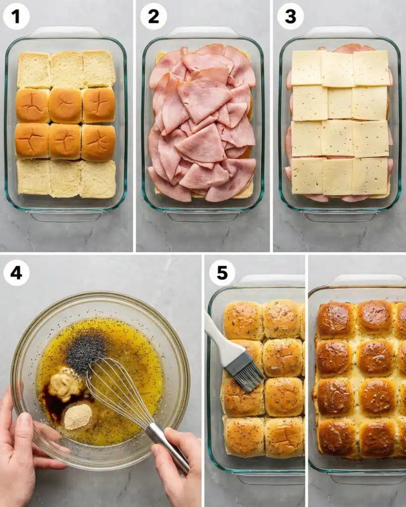 Five-step process showing how to prepare Ham and Havarti Cheese Sliders with ham, cheese, butter glaze, and baked rolls.