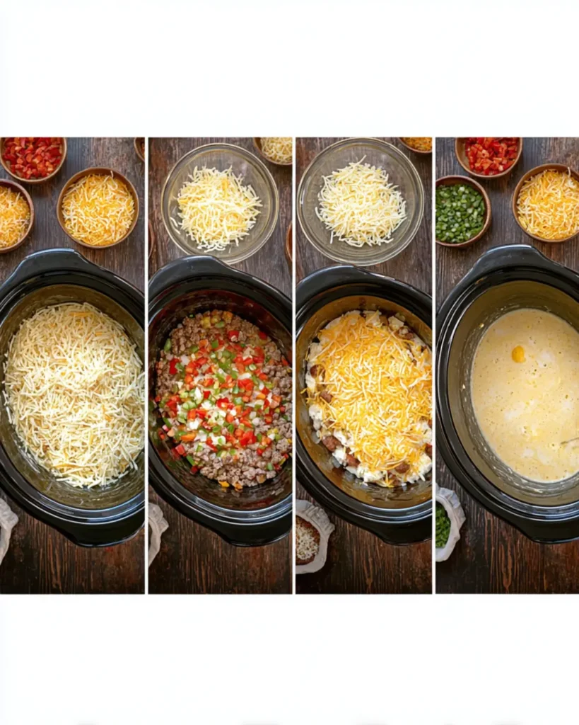 Four-panel overhead view showing the steps of assembling an Easy Crockpot breakfast casserole: shredded hash browns, cooked sausage, peppers, cheese, and egg mixture.