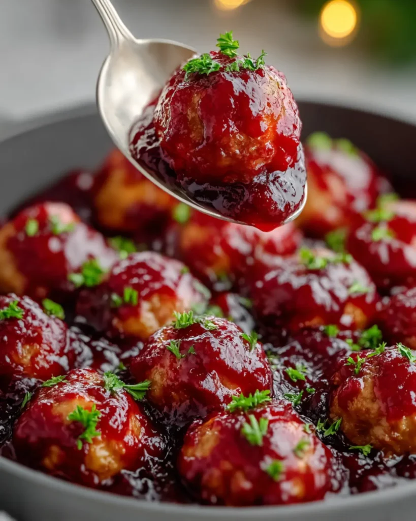 Spoon lifting a cranberry-glazed meatball from a pan filled with glossy cranberry sauce and parsley garnish.