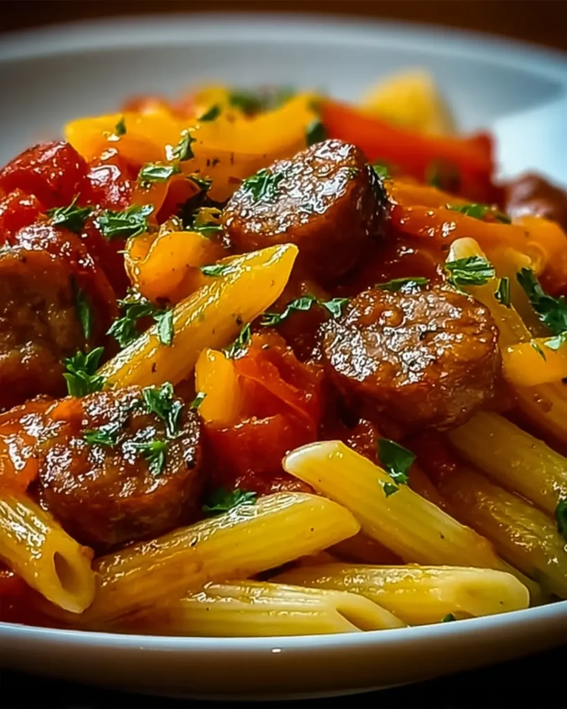 Sweet Pepper Sausage Pasta with penne, red and yellow peppers, and fresh parsley in tomato sauce
