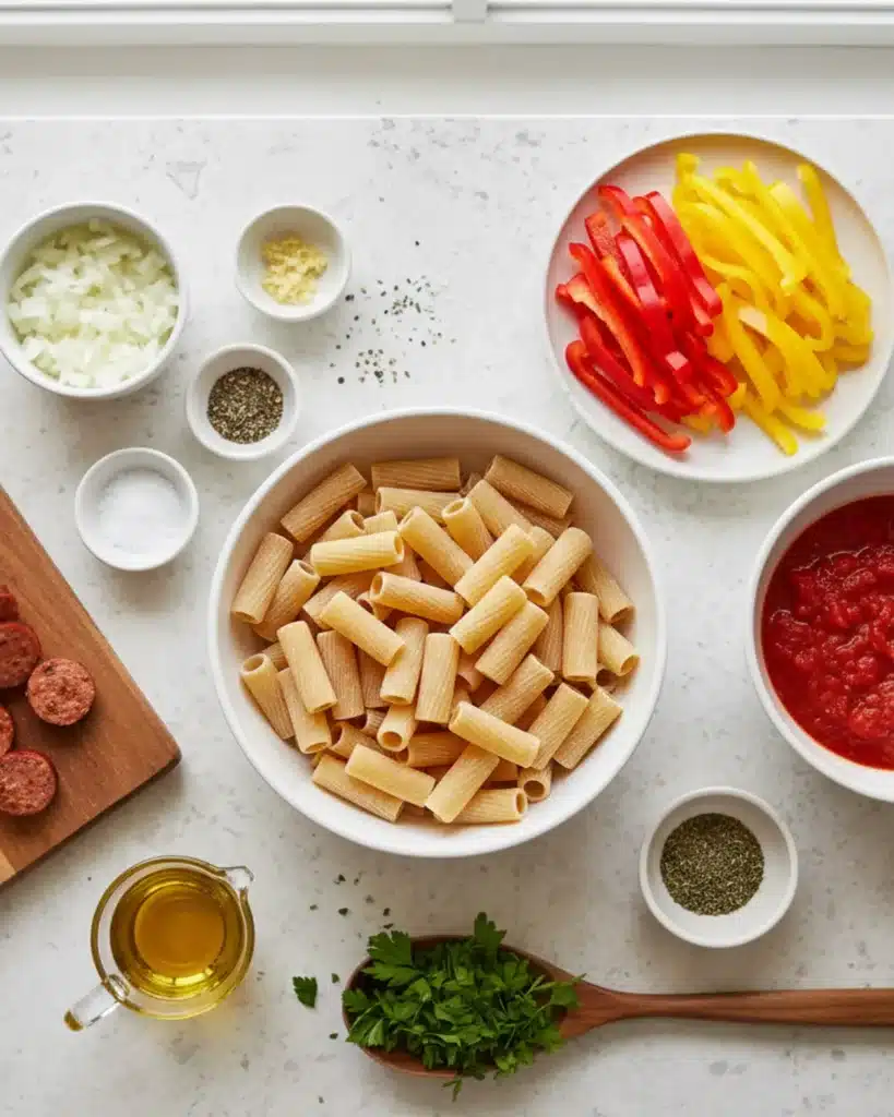 Ingredients for Sweet Pepper Sausage Pasta including rigatoni, peppers, sausage, tomato sauce, and herbs