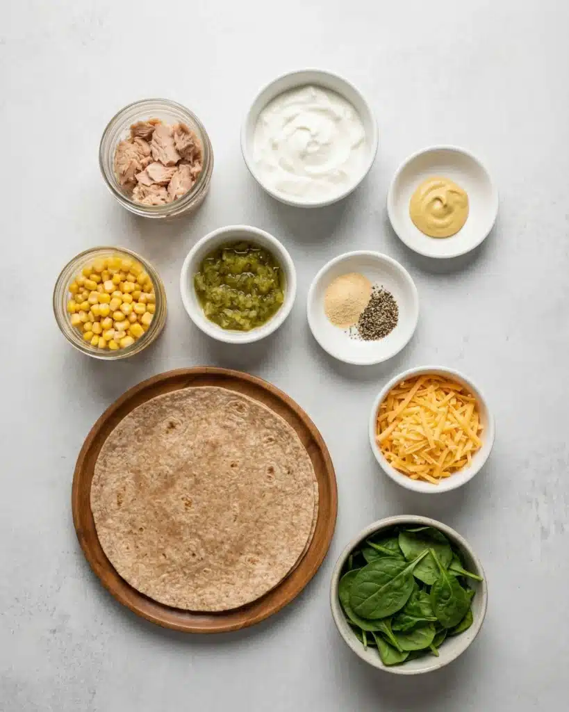 Flat-lay of tuna melt wrap ingredients including tortillas, tuna, corn, Greek yogurt, relish, cheese, spinach, and seasonings.