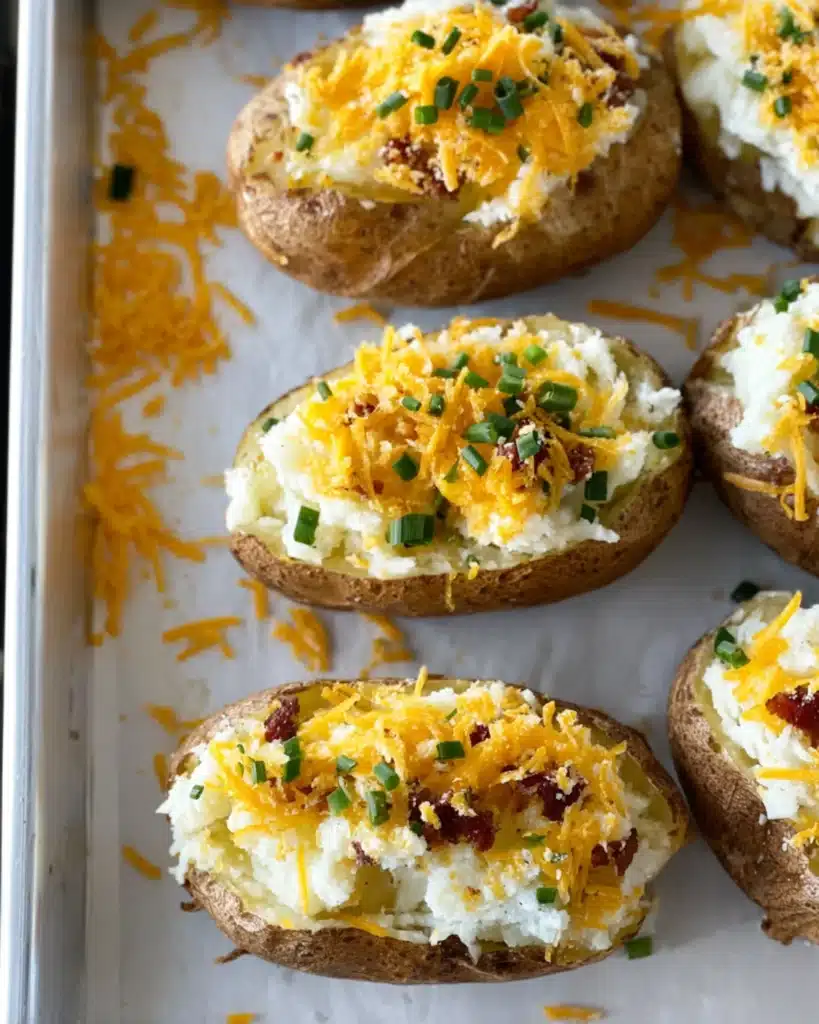 Twice baked potatoes filled with creamy mashed potato and topped with cheddar cheese and chives on a baking tray