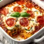 Family-favorite zucchini pizza casserole baked with melted mozzarella and pepperoni in a white dish