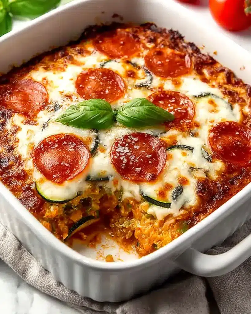 Family-favorite zucchini pizza casserole baked with melted mozzarella and pepperoni in a white dish