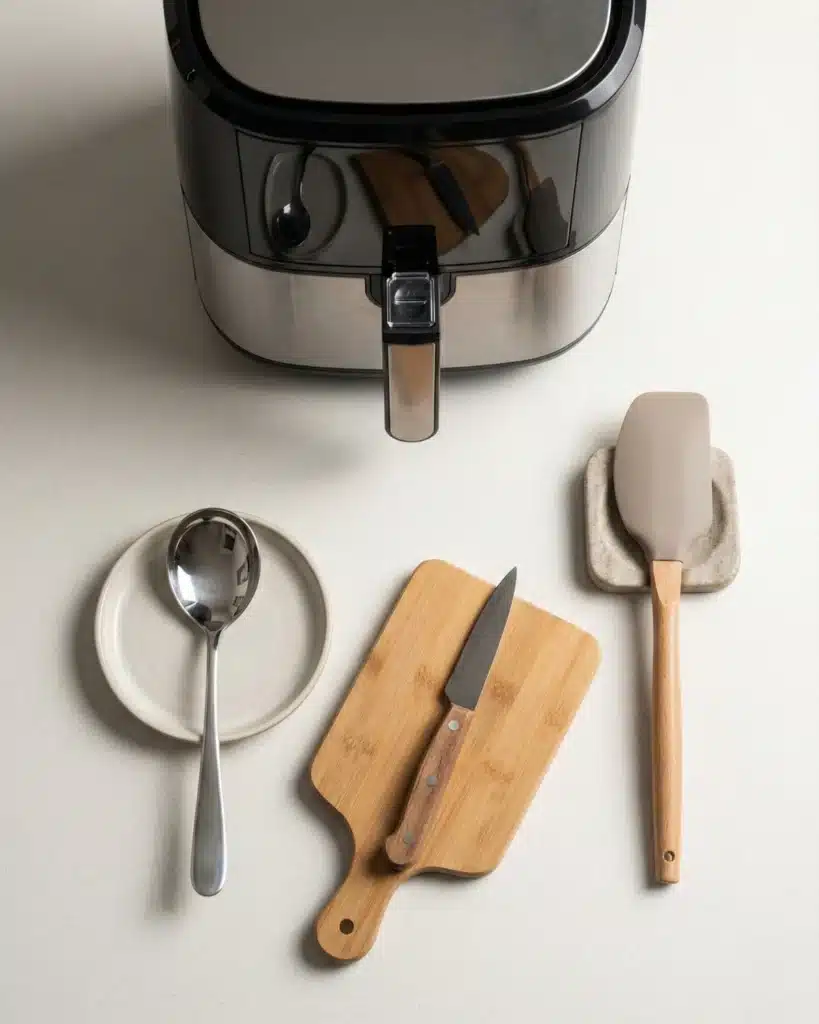 Air fryer with cooking utensils on kitchen counter for preparing Air Fryer Egg Toast