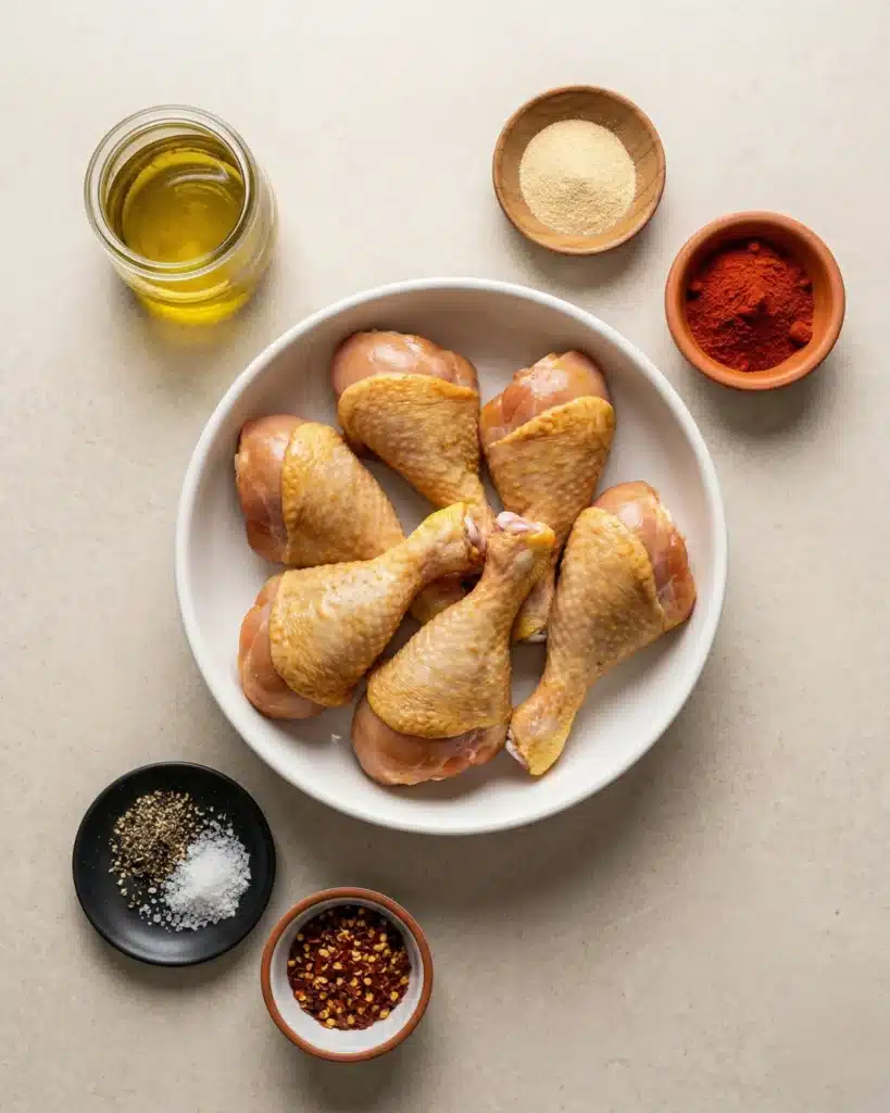 Raw chicken drumsticks in a white bowl surrounded by olive oil, paprika, garlic powder, salt, pepper, and chili flakes.