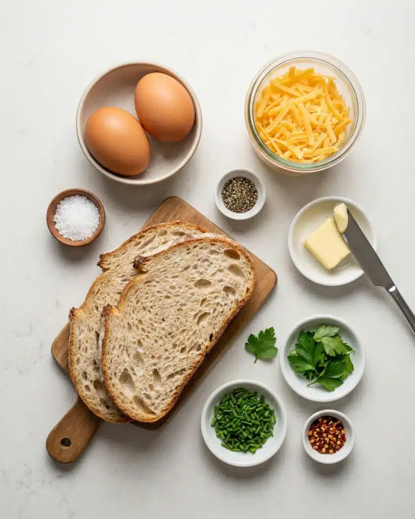 Ingredients for Air Fryer Egg and Cheese Toast including eggs, bread, cheese, and herbs