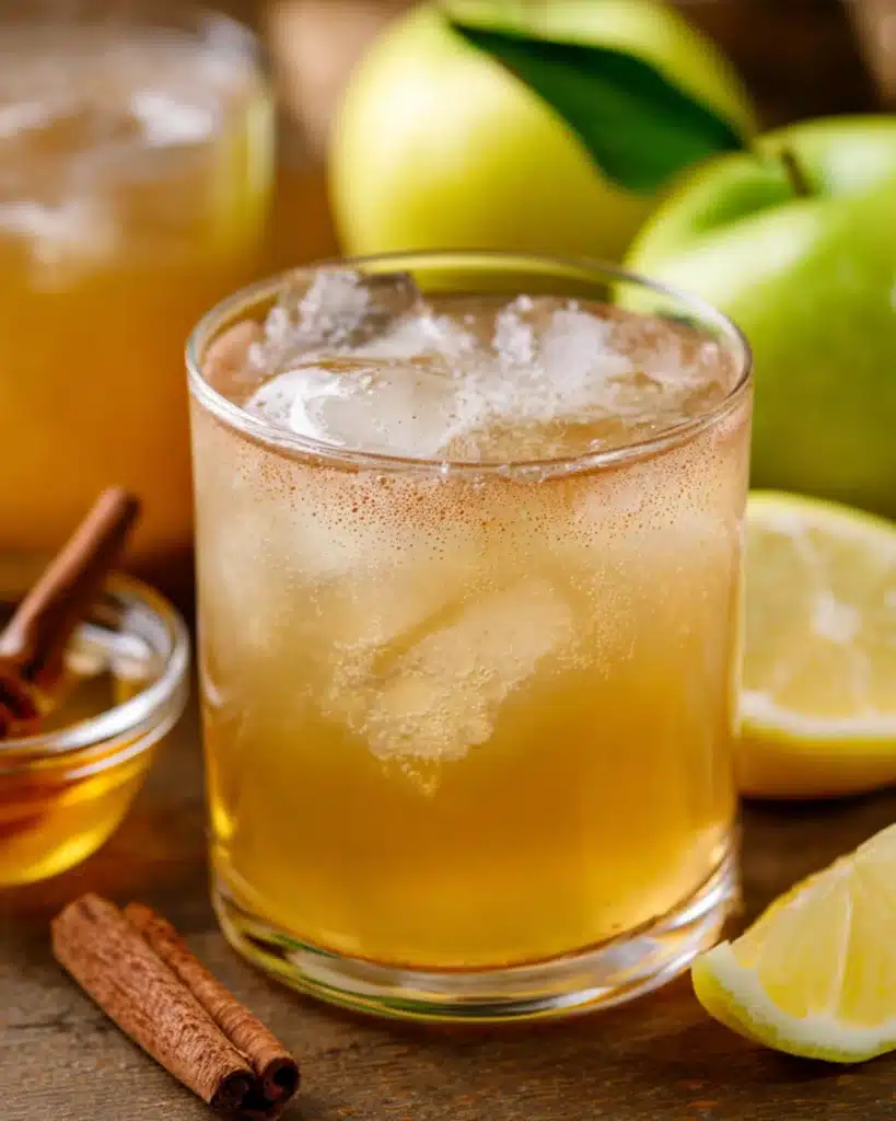 Glass of apple cider vinegar drink with ice, lemon slices, and cinnamon sticks on a wooden table.