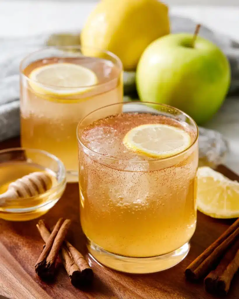 Apple cider vinegar drink with lemon slices and cinnamon sticks on a wooden tray.