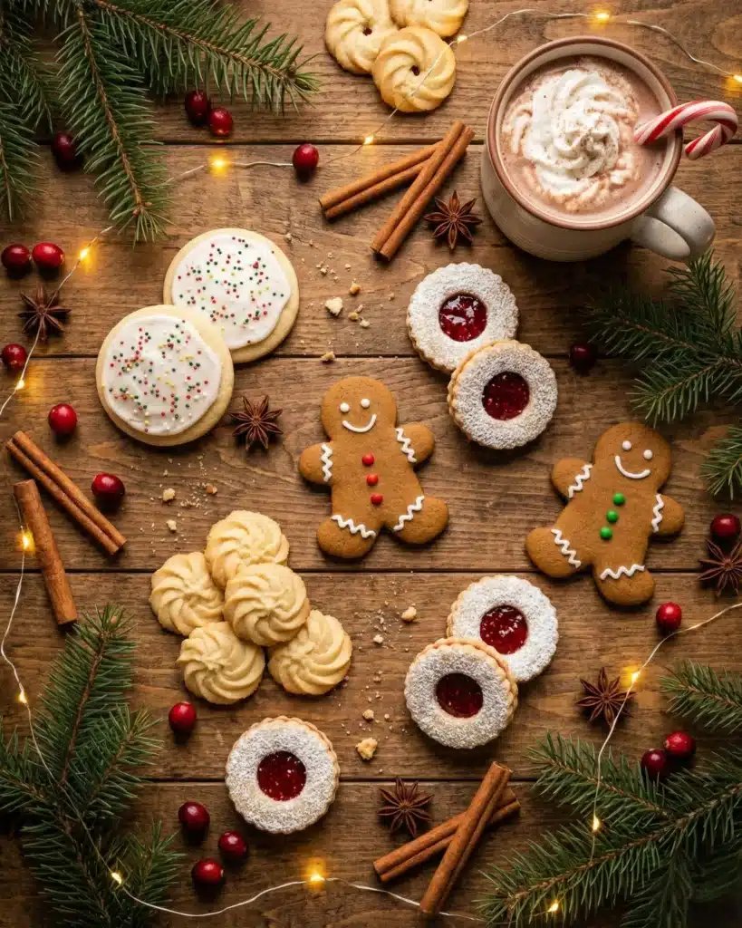 Assorted Christmas cookies with hot chocolate on a rustic wooden table
