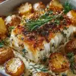Cod fillets baked with baby potatoes and coated in a creamy rosemary garlic sauce.