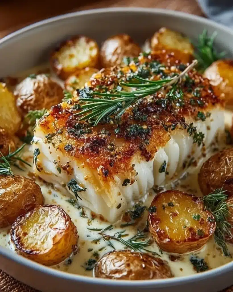 Cod fillets baked with baby potatoes and coated in a creamy rosemary garlic sauce.