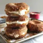 Homemade Cinnamon Sugar Crunch Bagels stacked on a baking sheet with cream cheese in background