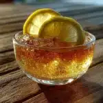 Golden bariatric gelatin in glass bowl with lemon slices on wooden table