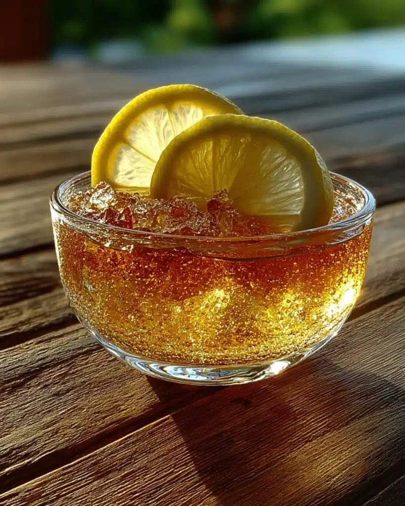 Golden bariatric gelatin in glass bowl with lemon slices on wooden table