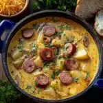 Creamy Cajun Potato Soup simmering in a blue Dutch oven topped with smoked sausage slices and fresh parsley.