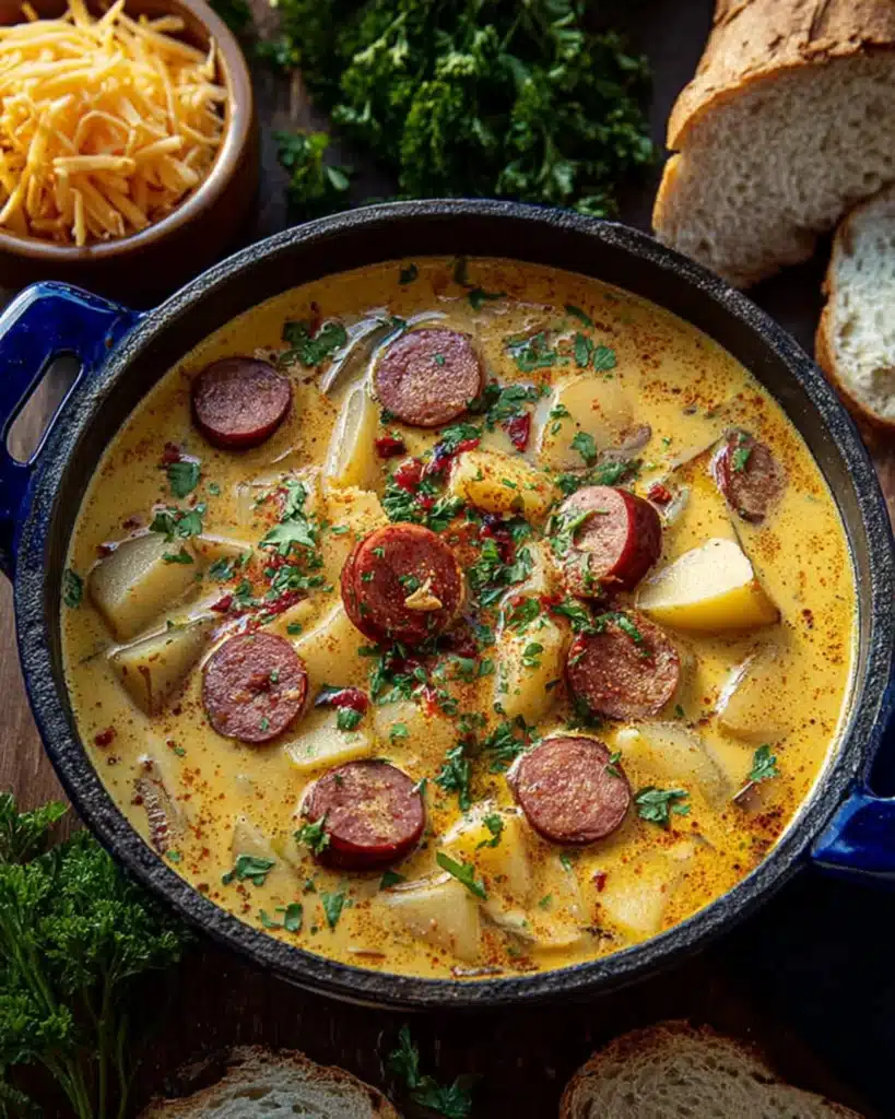 Creamy Cajun Potato Soup simmering in a blue Dutch oven topped with smoked sausage slices and fresh parsley.