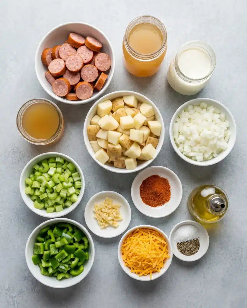 Fresh ingredients for Cajun Potato Soup including diced potatoes, smoked sausage, peppers, onions, celery, broth, cream, cheese, and Cajun seasoning.