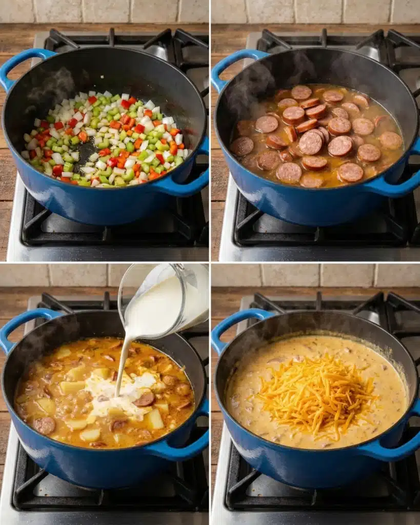 Four-step cooking process showing vegetables sautéing, sausage browning, cream pouring, and cheese melting in Cajun Potato Soup.