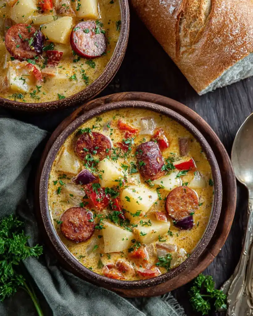 Two bowls of creamy Cajun Potato Soup served with crusty bread on a wooden table.