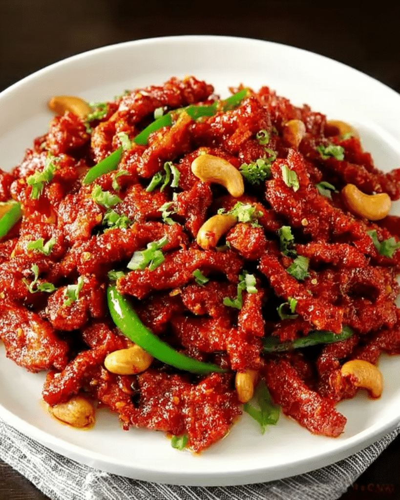 Crispy chicken stir fry with cashews and green chilies on a white plate