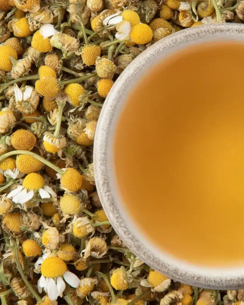 Top view of chamomile tea cup resting on a pile of dried chamomile buds.