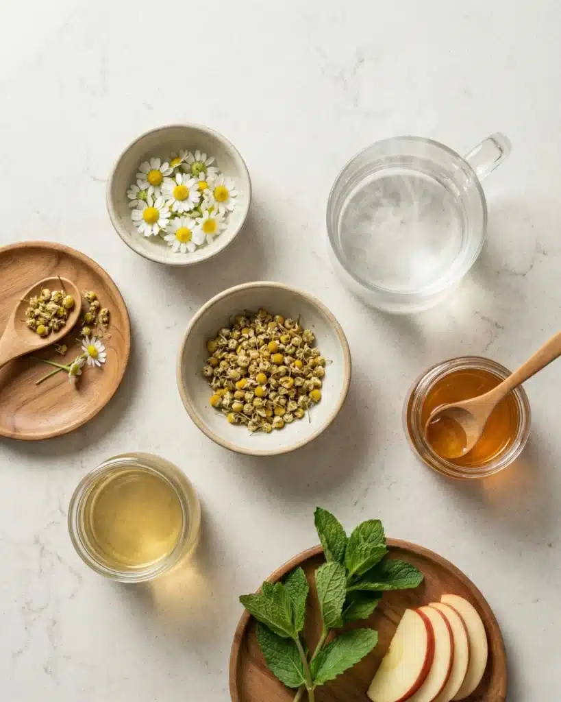 Flat lay of fresh chamomile flowers, dried buds, mint leaves, apple slices, honey, and hot water.