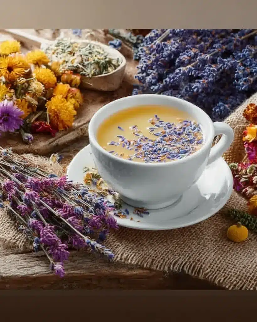 Close-up of white porcelain teacup with lavender and chamomile tea on rustic burlap.