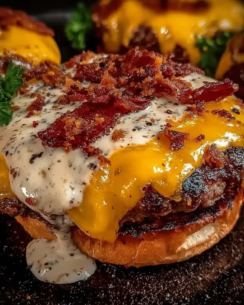 Crack Burgers smothered in cheddar cheese and ranch sauce, topped with crispy beef pieces and herbs.