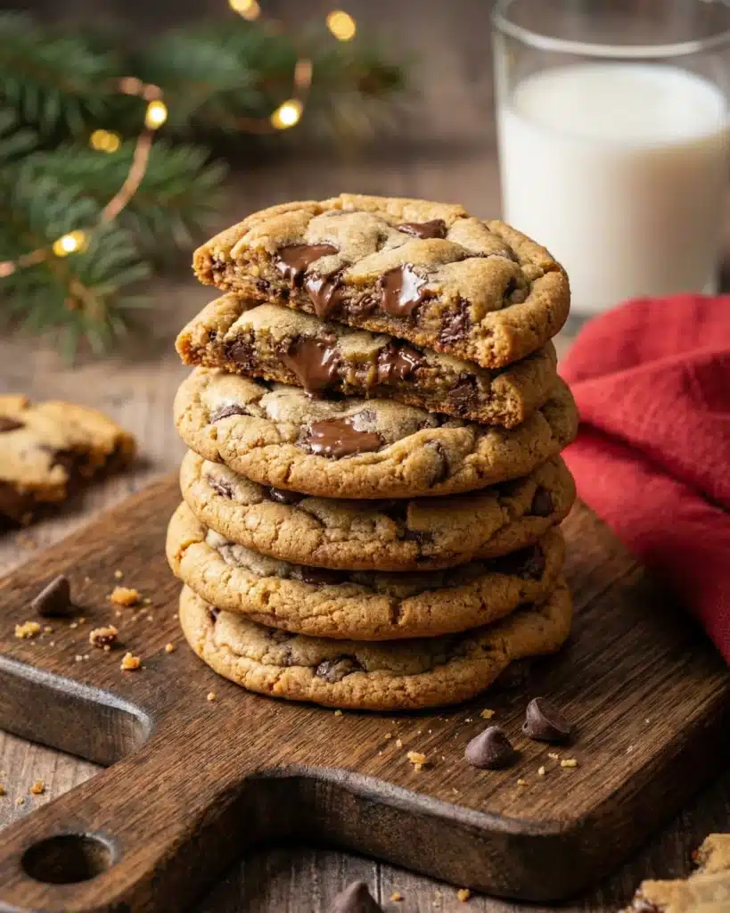Stack of chocolate chip Christmas cookies with melted chocolate and milk