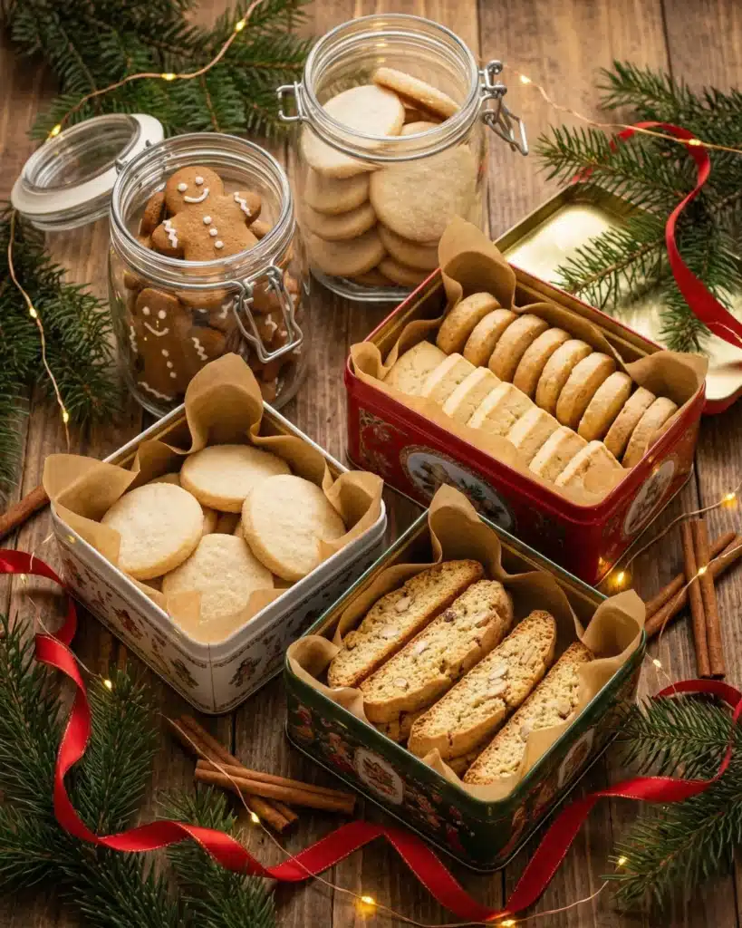 Assorted Christmas cookies in tins and jars with holiday lights and pine branches