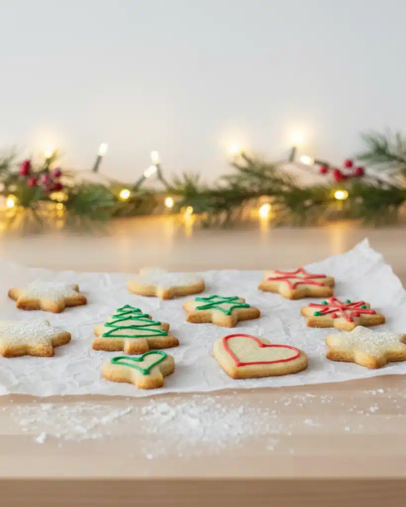 Decorated Christmas sugar cookies with icing in festive shapes on parchment paper