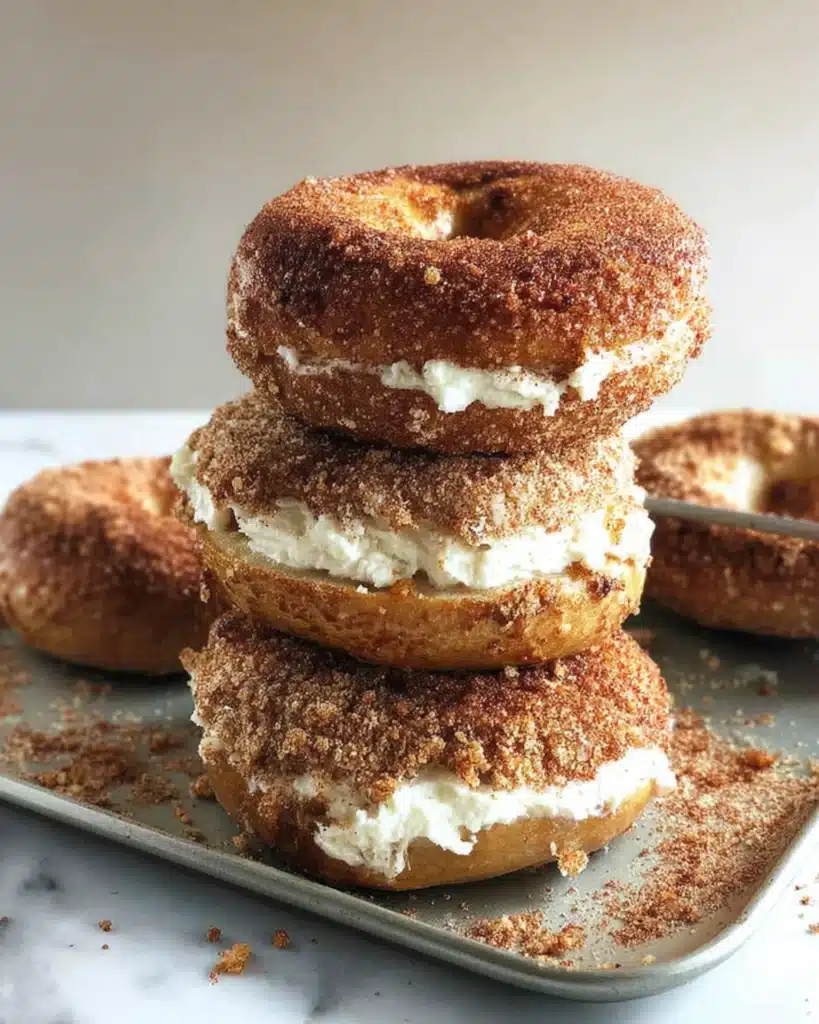 Stack of homemade Cinnamon Sugar Crunch Bagels filled with cream cheese on a baking tray