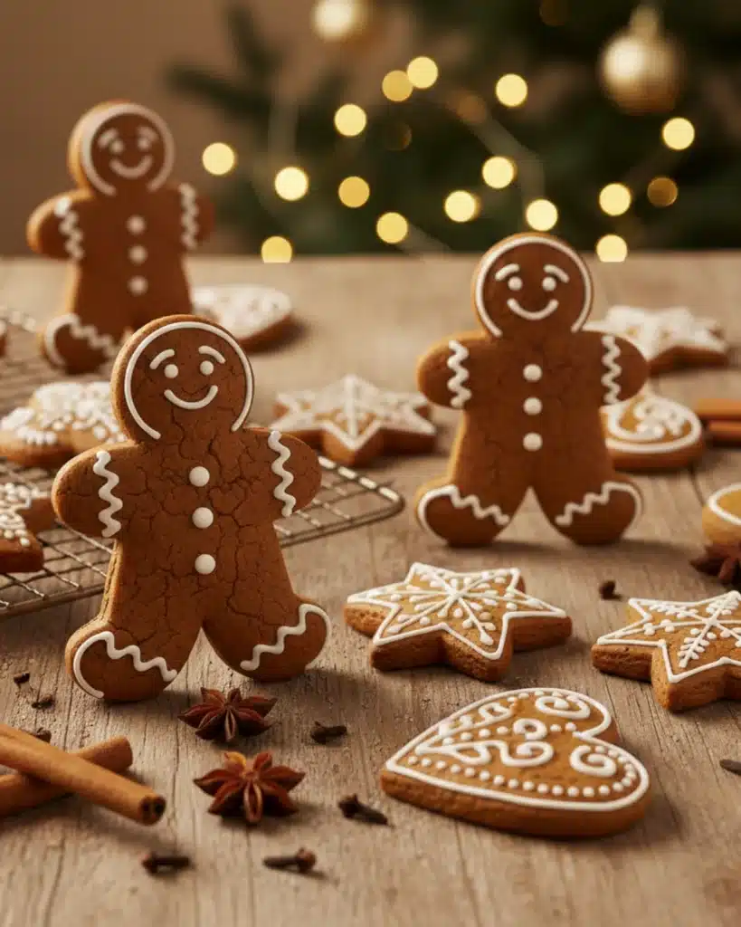Gingerbread men cookies decorated with icing and spices on a wooden table