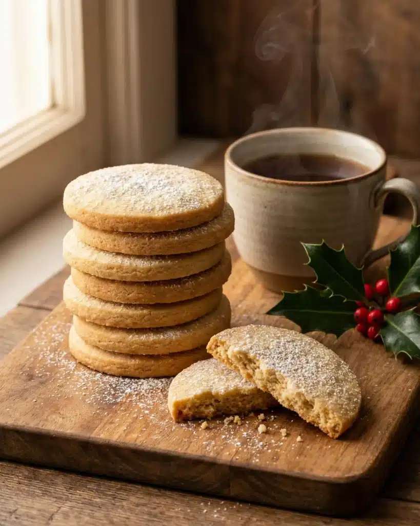 Shortbread cookies stacked on a wooden board beside a cup of coffee