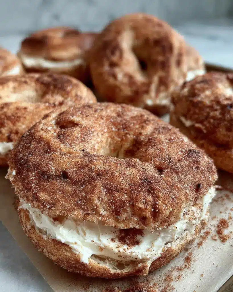 Close-up of Cinnamon Sugar Crunch Bagel filled with cream cheese and dusted with cinnamon sugar