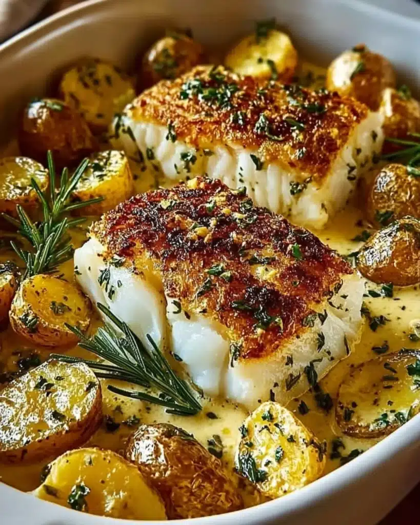 Close-up of golden brown cod fillets surrounded by roasted baby potatoes in a creamy herb sauce.